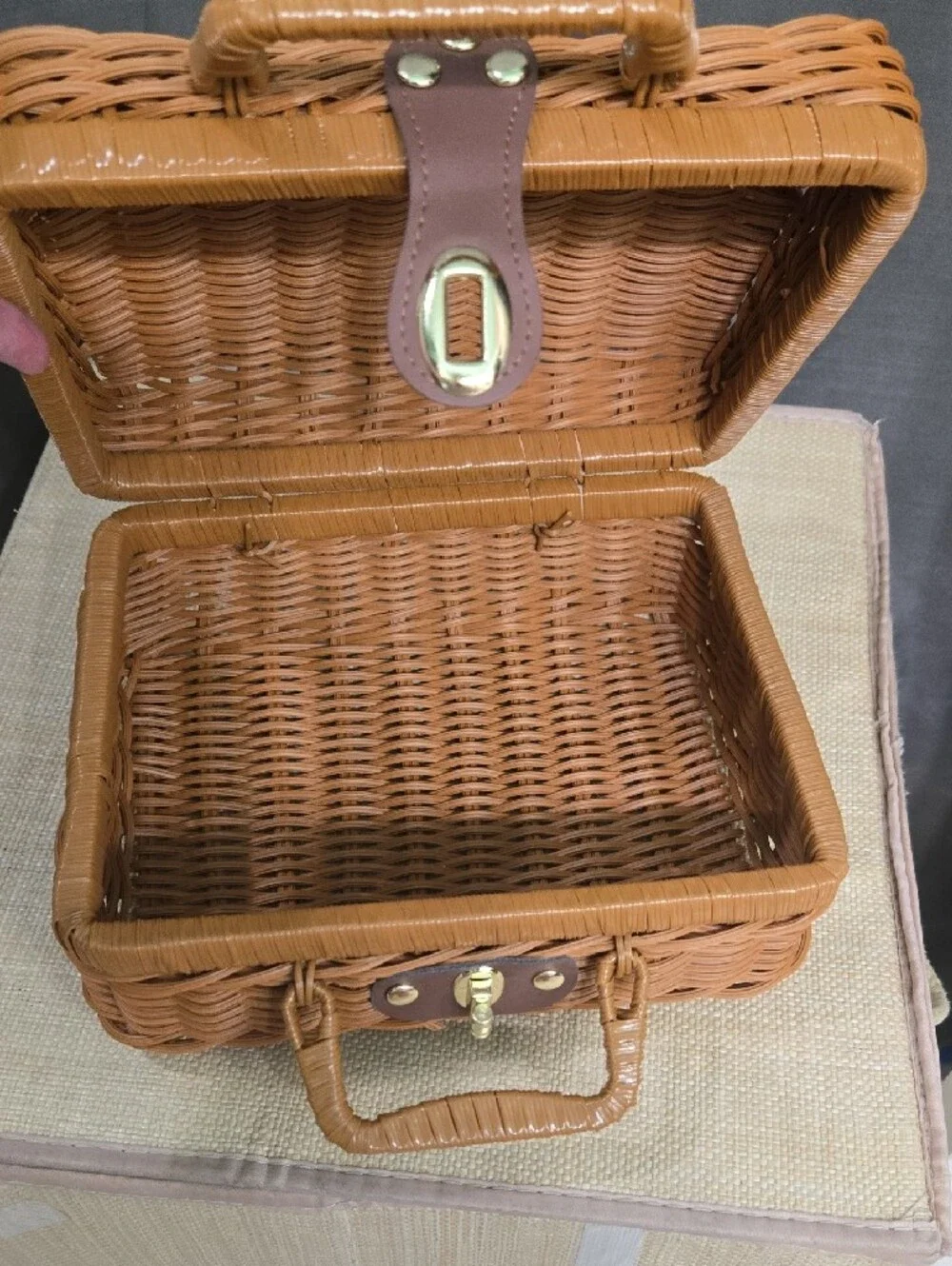 Woven Rattan Picnic Handbag in Warm Tan